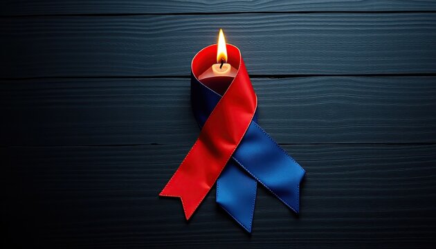 Lit candle with red white and blue ribbon on dark wooden surface symbolic composition evoking remembrance patriotism and national tribute in commemorative atmosphere scene mood