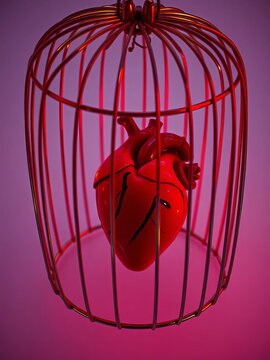 A heart confined within a cage, a poignant symbol of longing or unexpressed emotion, studio-shot,  freedom,  studio