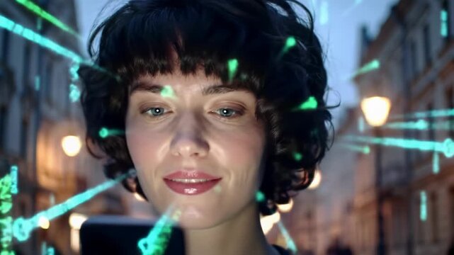 Caucasian woman, dark curly hair, white shirt, gazes smartphone, screen glow, neon blue/green data streams, blurred historic urban. augmented reality concept