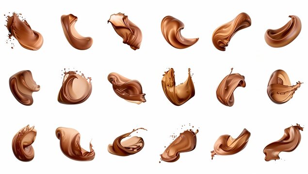 Chocolate swirls in artistic arrangement, showcasing rich texture and dynamic shapes. The various swirls are captured in a studio set-up to emphasize their unique forms and smooth fluidity