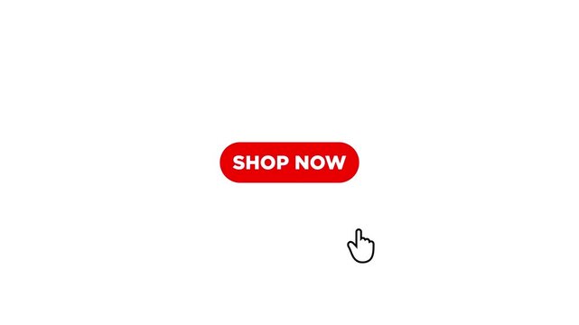 Shop now button click with mouse cursor animation isolated on white background