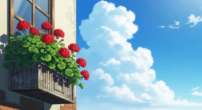 Red geraniums in wooden window box against blue sky and clouds, anime style, copy space  
