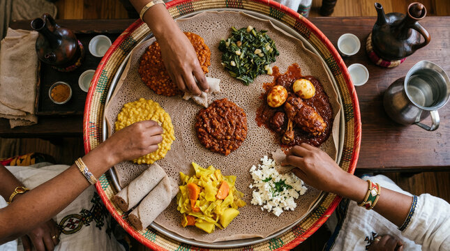 Overhead view of people sharing a traditional Ethiopian injera platter with various stews and vegetables