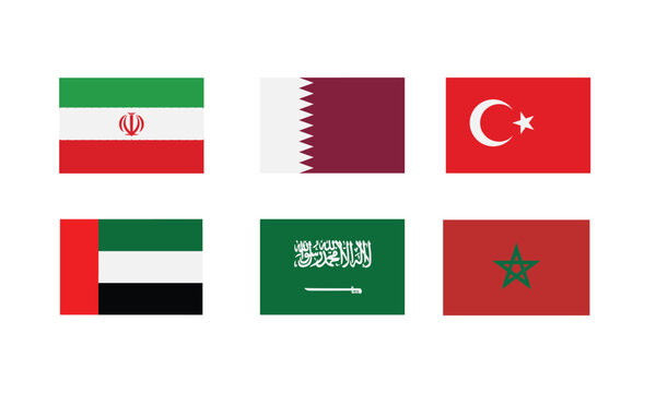National flags of Iran, Qatar, Turkey, UAE, Saudi Arabia, Morocco, middle eastern country symbols set, isolated on white background, vector.