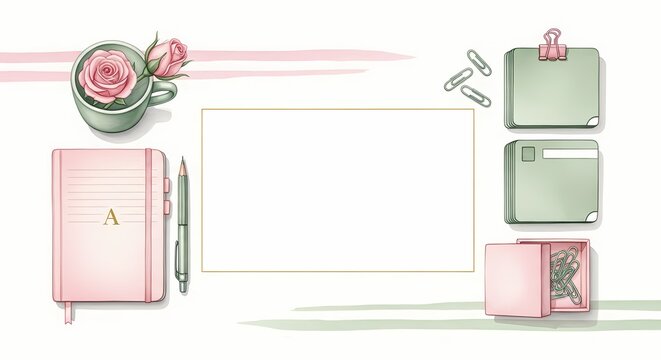 A serene still life of a pink journal, pen, flower pot, and green folders on a white background.