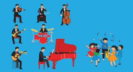 Naklejka premium Musicians playing instruments and dancing kids set band performance with piano guitar drums violin and trumpet music vector illustration collection