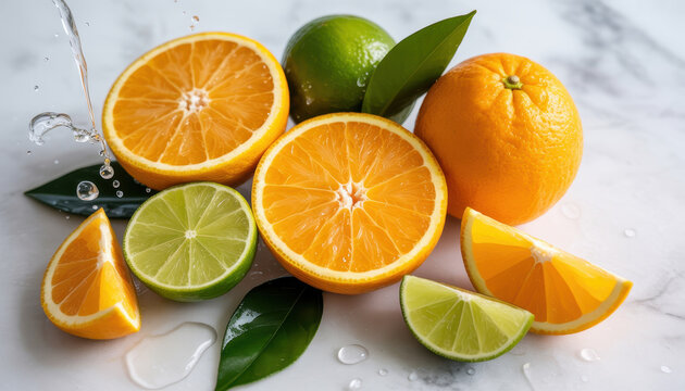 Fresh oranges and limes with water splashes on a white marble surface for food