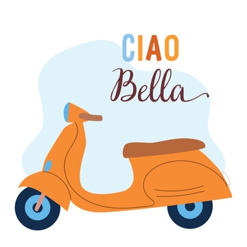 Orange motor scooter with ciao bella text on a sunny background