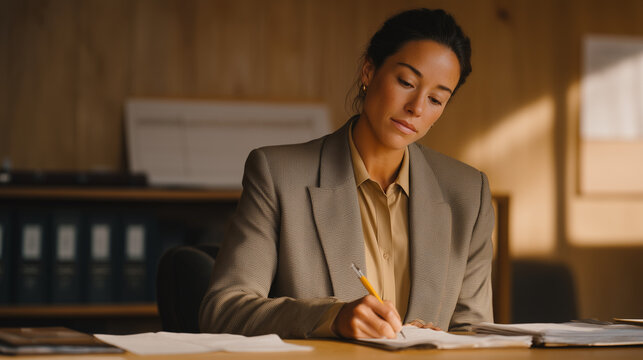 Public defender in a modest windowless office organizes case files for three clients on a shared desk, highlighting witness statements with focus and urgency while a law student intern cross-referen