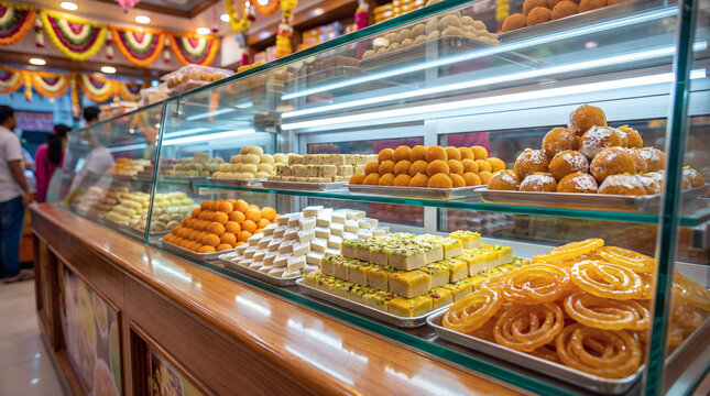 Traditional Indian Sweets Displayed in a Shop Glass Case