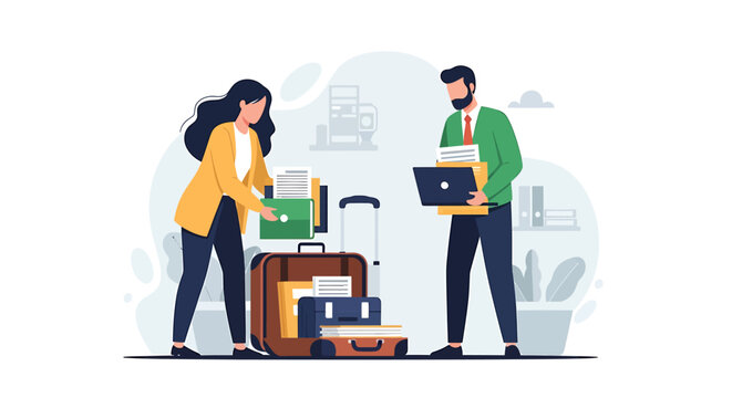 Couple packing luggage for travel vacation trip.