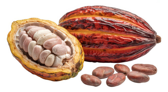 Fresh cacao pod cut open with white beans and scattered cocoa seeds on a white background