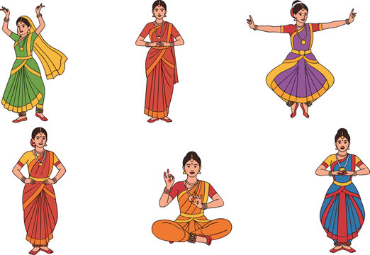 Indian classical dancers set women performing traditional dance poses in colorful costumes cultural heritage vector illustration collection