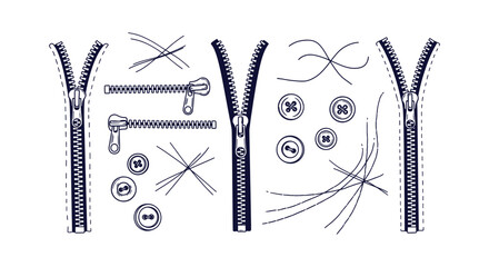 Hand Drawn Sewing Elements Zippers Buttons and Thread Stitches Collection for Fashion Design Graphics. © Vectorus