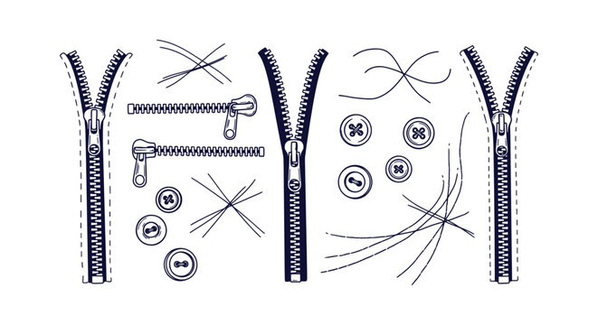Hand Drawn Sewing Elements Zippers Buttons and Thread Stitches Collection for Fashion Design Graphics.