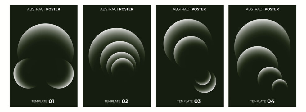 Set of abstract posters with glowing green circular shapes on dark background