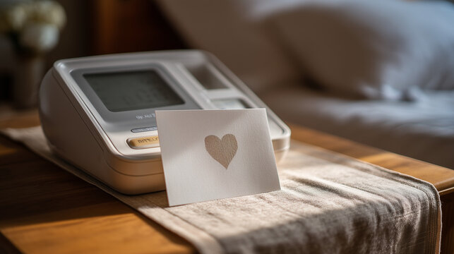 Symbolic still life of Father's Day card leaning against blood pressure monitor and medication organizer on bedside table, morning light streaming across surface, aging parent health care theme, sen