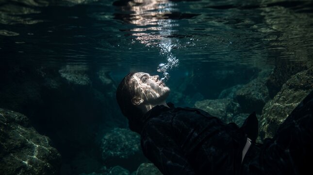 Woman underwater looking at the surface, concept of mental health, anxiety, and isolation.