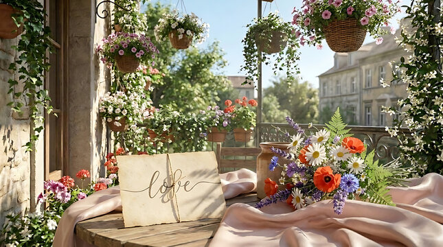 Romantic outdoor balcony setting with a love note and a vibrant wildflower bouquet display