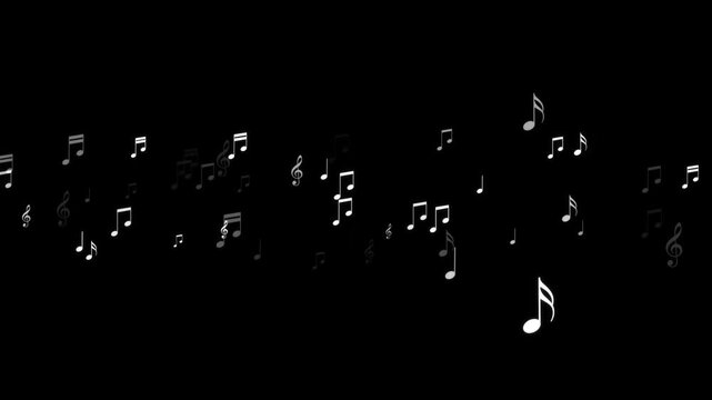musical notes flying isolated alpha channel animation, white notas flicker music and song overlay social media motion design element