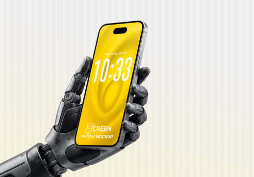 Robot Hand Holding Smartphone Screen Mockup