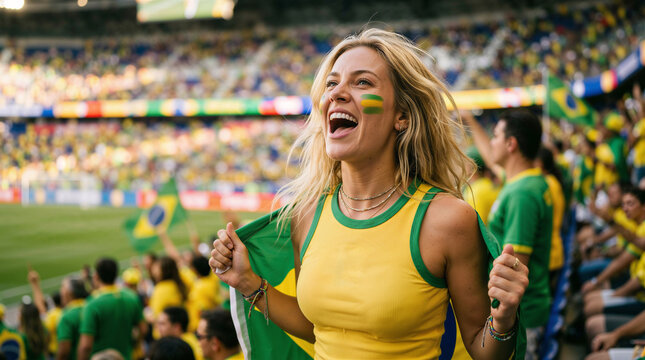 Bellissima ragazza Brasiliana tifosa della squadra nazionale di calcio del Brasile esulta di gioia allo stadio vestita con i colori brasiliani