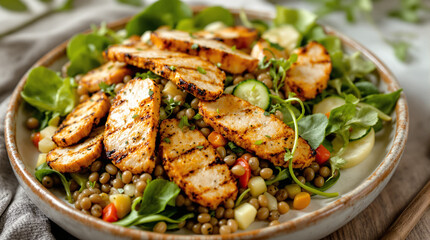 Fototapeta premium Flexitarian Lentil Salad with Grilled Chicken Strips