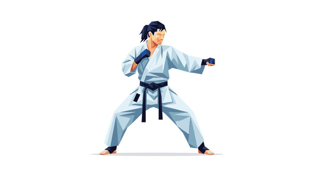 Female karate practitioner in a white gi and black belt holds a strong, defensive stance, demonstrating readiness and concentration in a studio setting.
