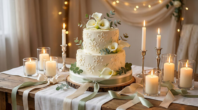 Elegant two-tier wedding cake decorated with white calla lilies and candles on a wooden table