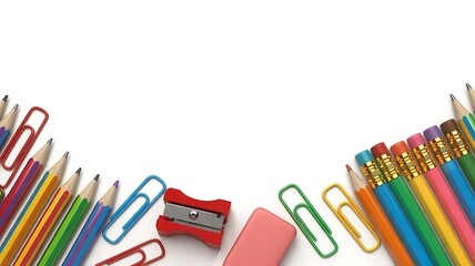 Fototapeta premium Colorful school supplies including pencils paperclips sharpener and eraser arranged at the bottom with copy space on white, isolated. 