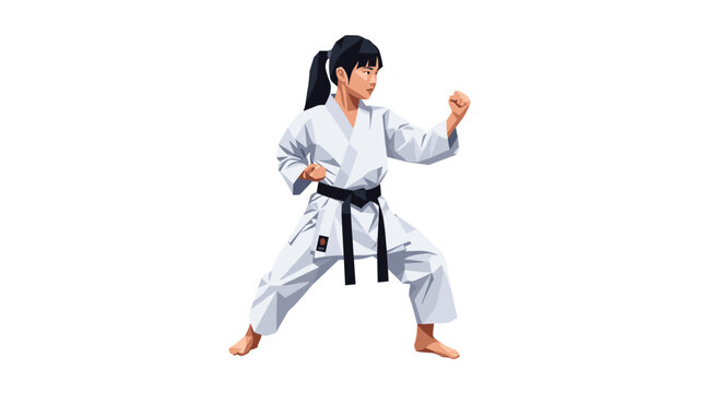 A young Japanese girl in a white karate uniform and black belt assumes a strong defensive stance, isolated on a white background.