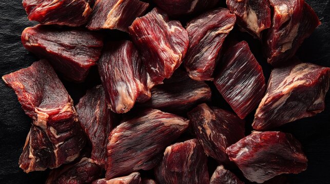 Close-up of dried beef jerky pieces highlighting texture and rich color