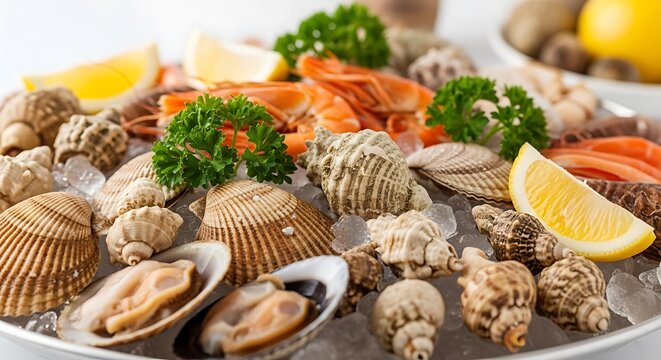 Fresh raw seafood platter with clams and prawns served with lemon slices on a bed of cold ice. plateau fruit de mer
