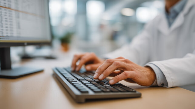 Close up of pharmacist hands entering drug interaction query into clinical screening software keyboard, dual monitor showing patient allergy and current medication list, pharmacy technology workflow