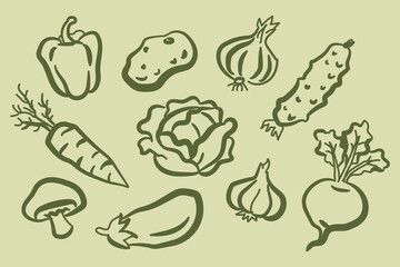 Fototapeta premium Vegetable set naive green sketch pattern vector