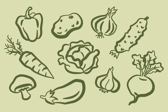 Vegetable set naive green sketch pattern vector