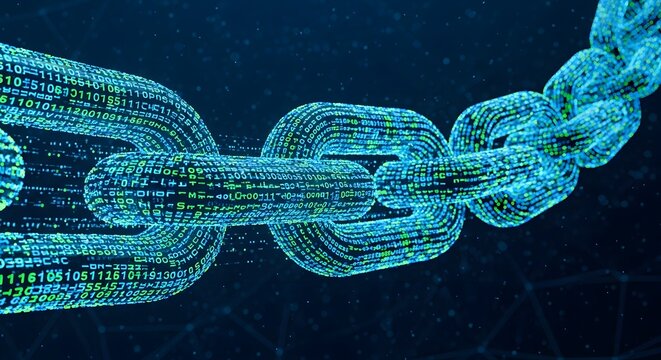 Blockchain technology concept with digital chains and floating binary code data blockchain technology security