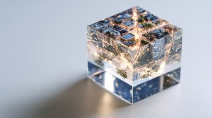 Obraz premium A captivating miniature city scene encapsulated within a transparent cube