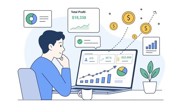 Business Man Analyzing Financial Data On Laptop Modern Flat Design Animation. Analytics Dashboard  Financial Growth and  Performance Insights Concept. Copy Space. 