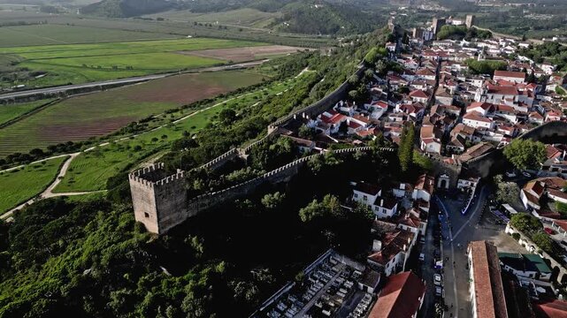 Aerial view of Obidos Castle in Portugal on a sunny day