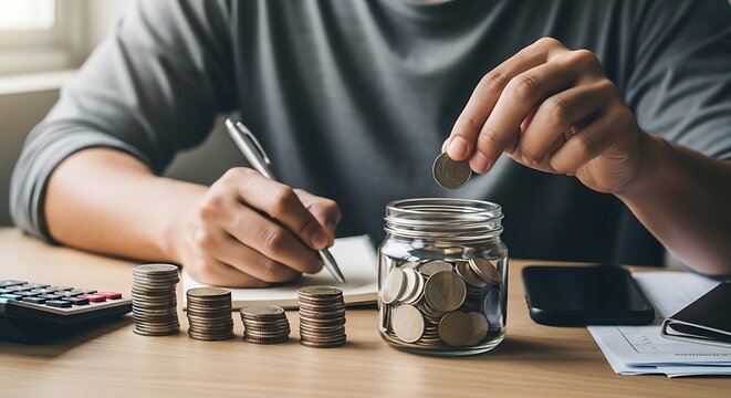 Person saving money into glass jar while writing notes on paper