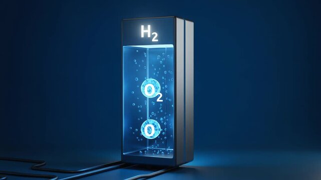Futuristic vertical hydrogen electrolyzer unit with glowing H2 and O2 symbols representing clean energy production and water splitting technology