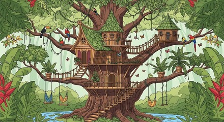 Obraz premium Whimsical treehouse in lush tropical forest.