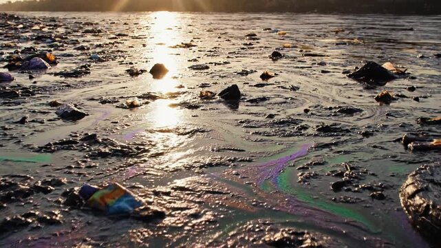 Plastic waste and oil slick polluting a river surface at sunset