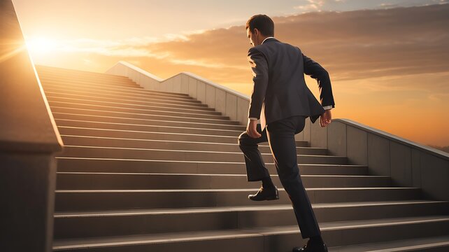 hombre empresario escalando gradas en un amanecer, concepto de crecimiento.