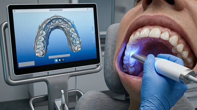 Intraoral scanner capturing 3D digital model of teeth in modern dentistry