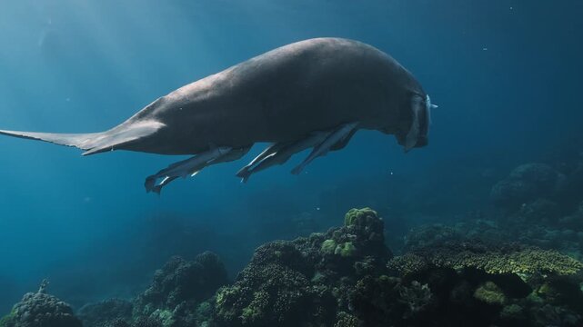 A dugong swims gracefully with remoras in a colorful coral reef environment. Excellent for marine life documentaries or educational content.