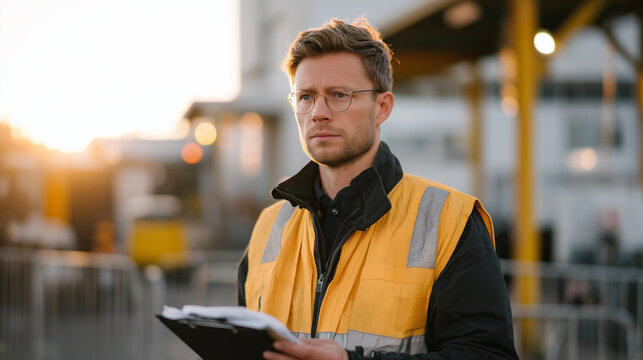 Environmental compliance attorney photographs posted permit notices at a chemical plant entrance at golden hour, facility manager standing stiffly nearby while the attorney's investigator bags origi
