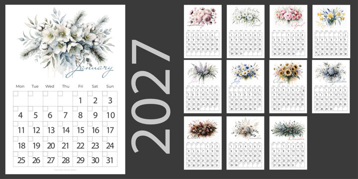 2027 Calendar Template with Watercolor Botanical Flowers, Monthly Planner Grid, Vertical A4 Format, Floral Design Set of 12 Months