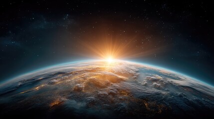 Fototapeta premium Stunning View of Earth at Sunrise Surrounded by Stars with Vibrant Colors and Atmospheric Effects Capturing the Beauty of Our Planet in Space